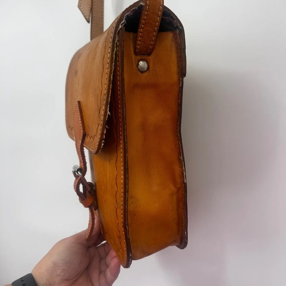 Hand Tooled‎ Leather Crossbody Messenger Bag Rustic Boho Vintage Style